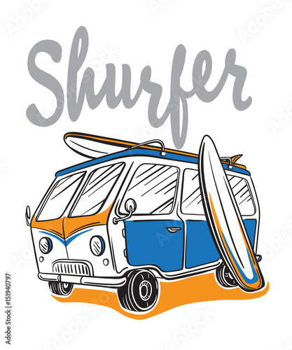 Surfer Van Illustration on beach hawaii palm