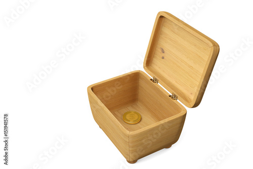 Gold coin on wood box.3D illustration.
