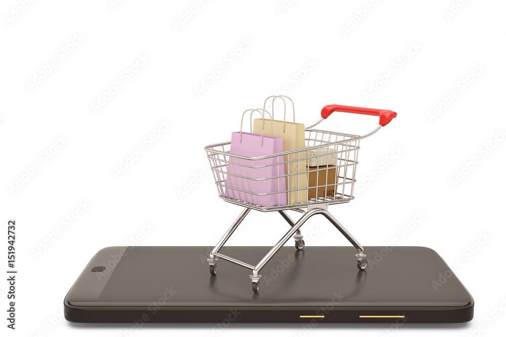 Online shopping concept mobile phone or smartphone with cart and boxes and bag.3D illustration.