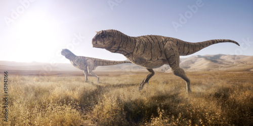 A 3d rendering of two Carnotaurus scouting out for their next meal in open landscape.  © Herschel Hoffmeyer