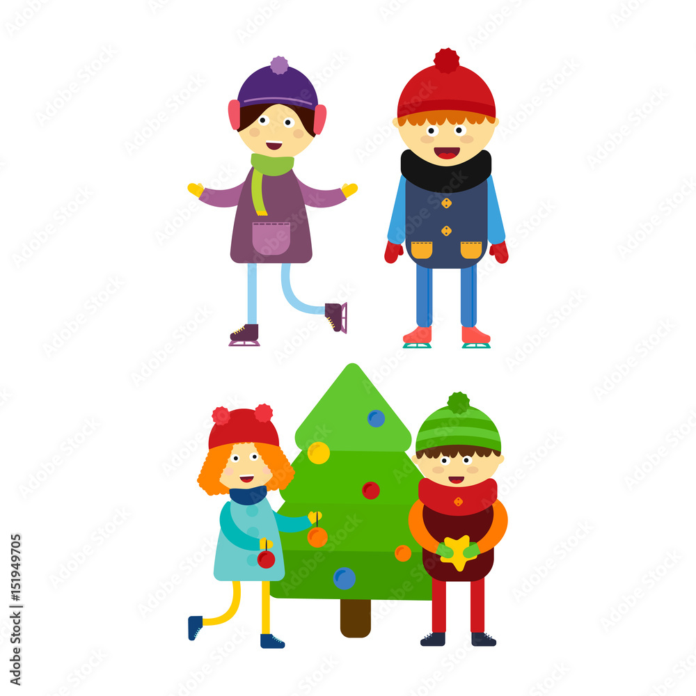 Christmas kids playing winter games skating cartoon new year winter holidays characters vector illustration. Christmas kids playing winter games skating cartoon new year winter holidays characters vector illustration.