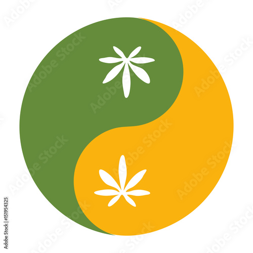 Yin and yang symbol also known as Taijitu as a symbol of harmony with cannabis leaf.