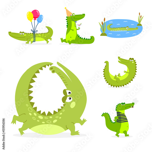 Cartoon green crocodile funny predator australian wildlife river reptile alligator flat vector illustration.