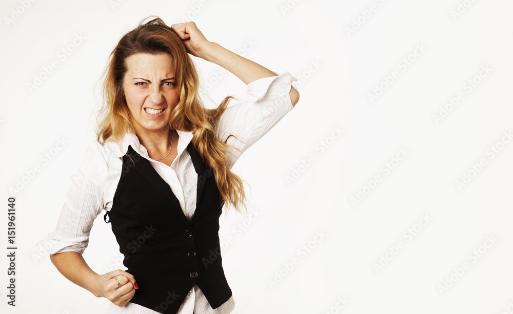 I'm very angry!!! Nervous businesswoman standing clenching his fists ready to fight and disputes. (Work, office life, leadership, conflict, body language, gestures concept)