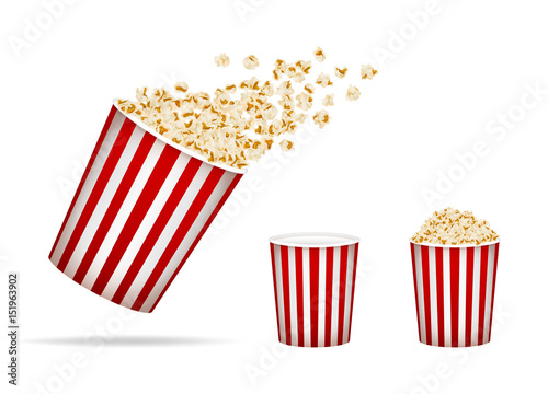 Set of popcorn, isolated on white. Drawn vector illustration, realistic popcorn background for cinema, movie, film, food, theater,.. design.