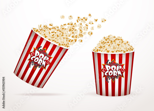Set of popcorn, isolated on white. Drawn vector illustration, realistic popcorn background for cinema, movie, film, food, theater,.. design.