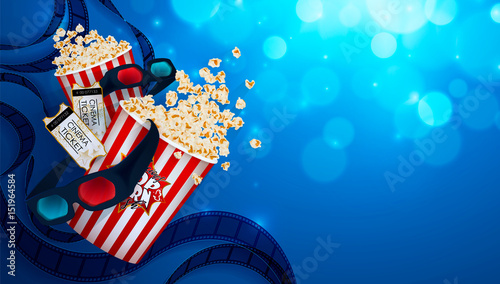 Set of popcorn, 3d glasses, cinema ticket. Drawn vector illustration, realistic cinematography design, vintage colorful background, art for online cinema, movie, film, theater,..