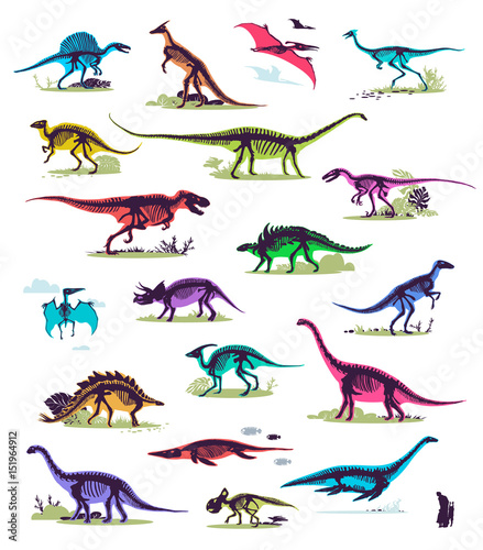 Set  silhouettes  dino skeletons  dinosaurs  fossils. Hand drawn vector illustration. Comparison of sizes  realistic Sketch collection  diplodocus  triceratops  tyrannosaurus  doodle pattern...