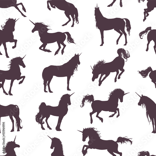 Magic Cute unicorns silhouettes. Stylish icons vintage  background  horses tattoo. Hand drawn vector illustration  outline black  isolated different unicorn body collection