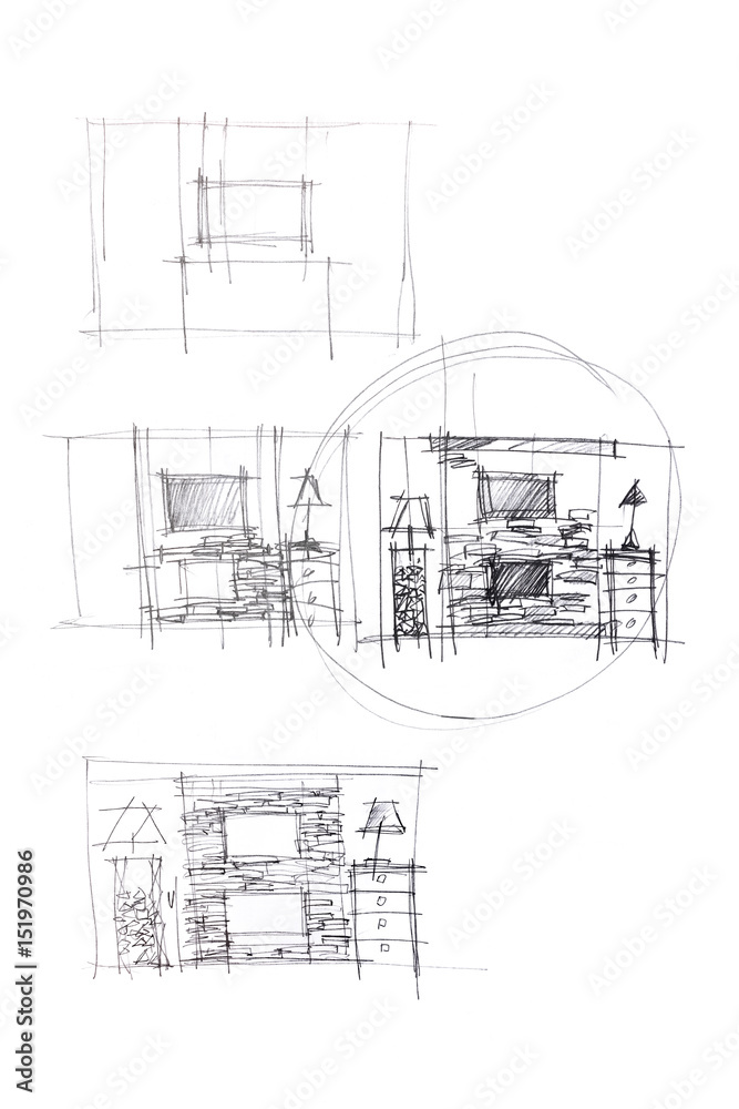 rough hand drawings of living room design as one of the option for modern interior