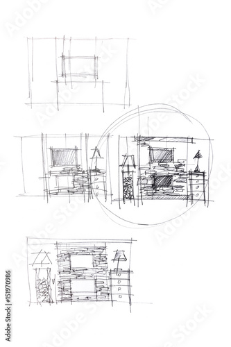 rough hand drawings of living room design as one of the option for modern interior