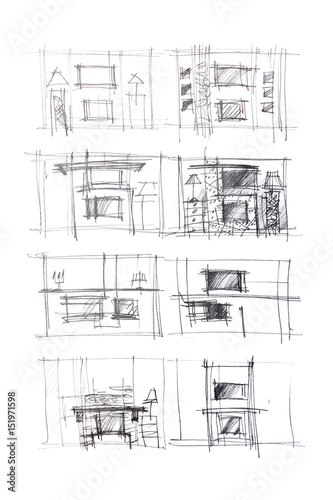 rough sketches of living room interiors and furniture blueprints as different variants for modern room interior
