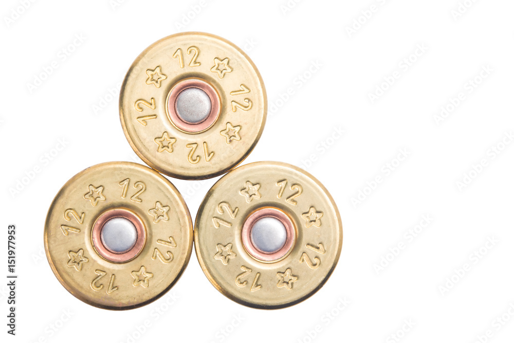 the concept of the three bullets of the 12th caliber for hunting rifles isolated on a white background