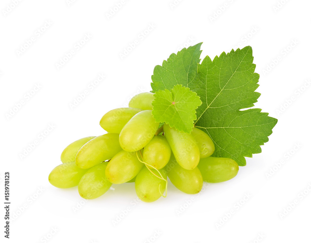 Sweet green grape with leaves isolated on white background. Sweet green grape with leaves isolated on white background.