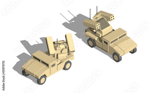 Military Transportation isometric vector. light utility vehicles with anti air turret.