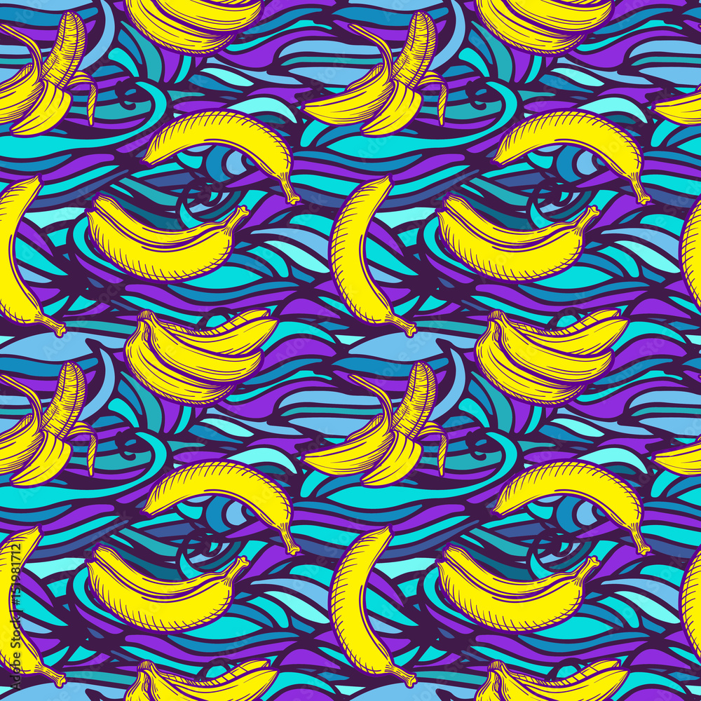 Vector seamless pattern with banana. Tropical pattern with fresh banana. Background with waves. Vector seamless pattern with banana. Tropical pattern with fresh banana. Background with waves.