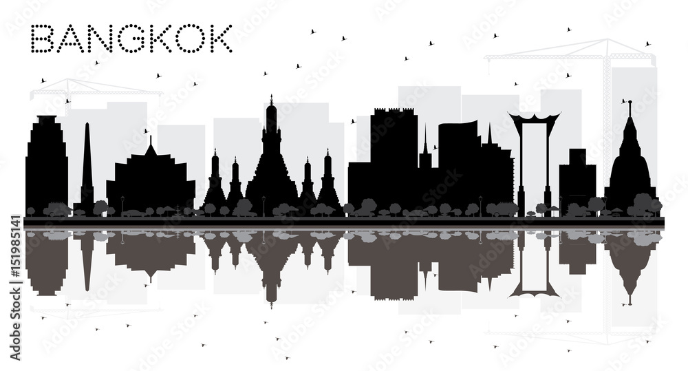 Bangkok City skyline black and white silhouette with reflections.