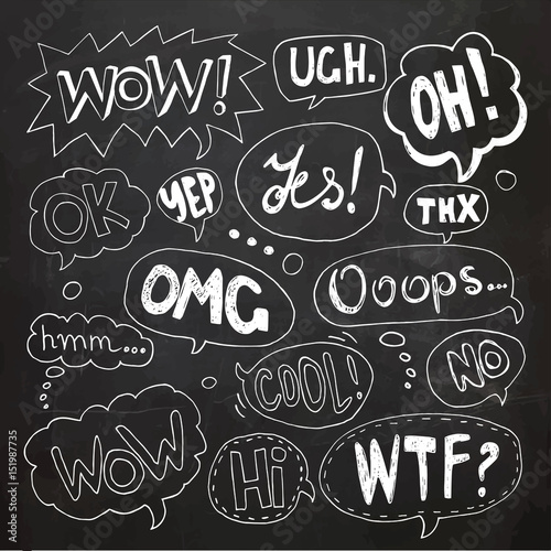 Hand drawn set of speech bubbles with handwritten text: Yes,Wow,Oh,Thx, Ooops,Wtf,Cool,Omg,Ok,Hmm...,No,Ugh,Yep,Ok,Hi