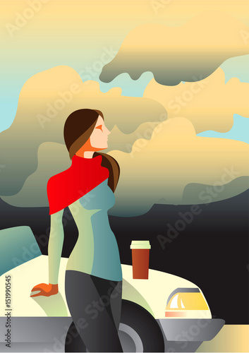 Warm evening / Creative conceptual vector. Woman standing near the car with a take away coffee.