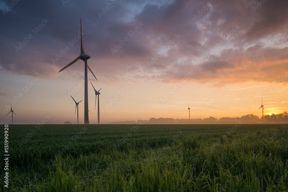 wind wheels at sunrise and fog with dark clouds