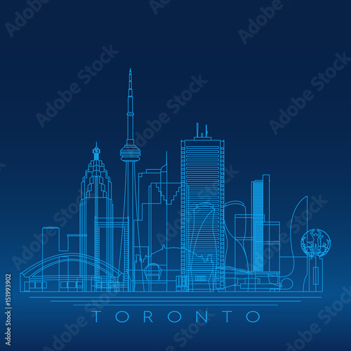 Toronto skyline, detailed silhouette. Blue linear style.
