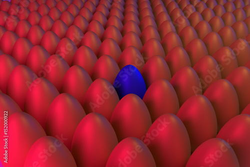 3D-Rendering von zahlreichen, in Reihen aufgestellten, goldenen Eiern in blauem und rotem Licht: manches sind anders...
