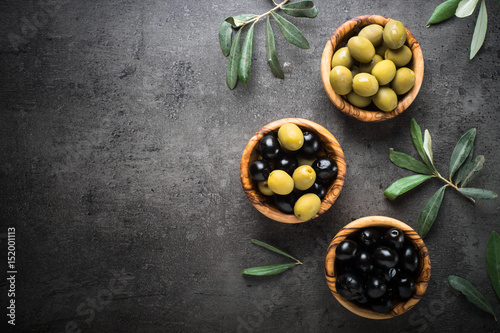 Black and green olives. Top view.