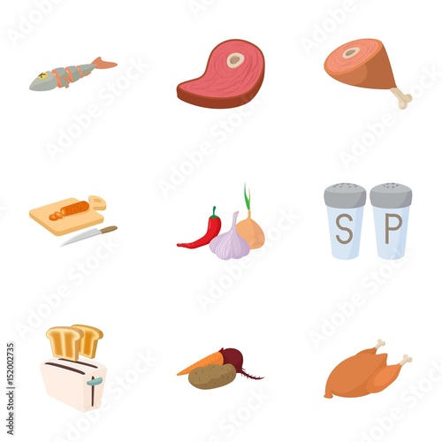 Kitchen and cooking icons set, cartoon style