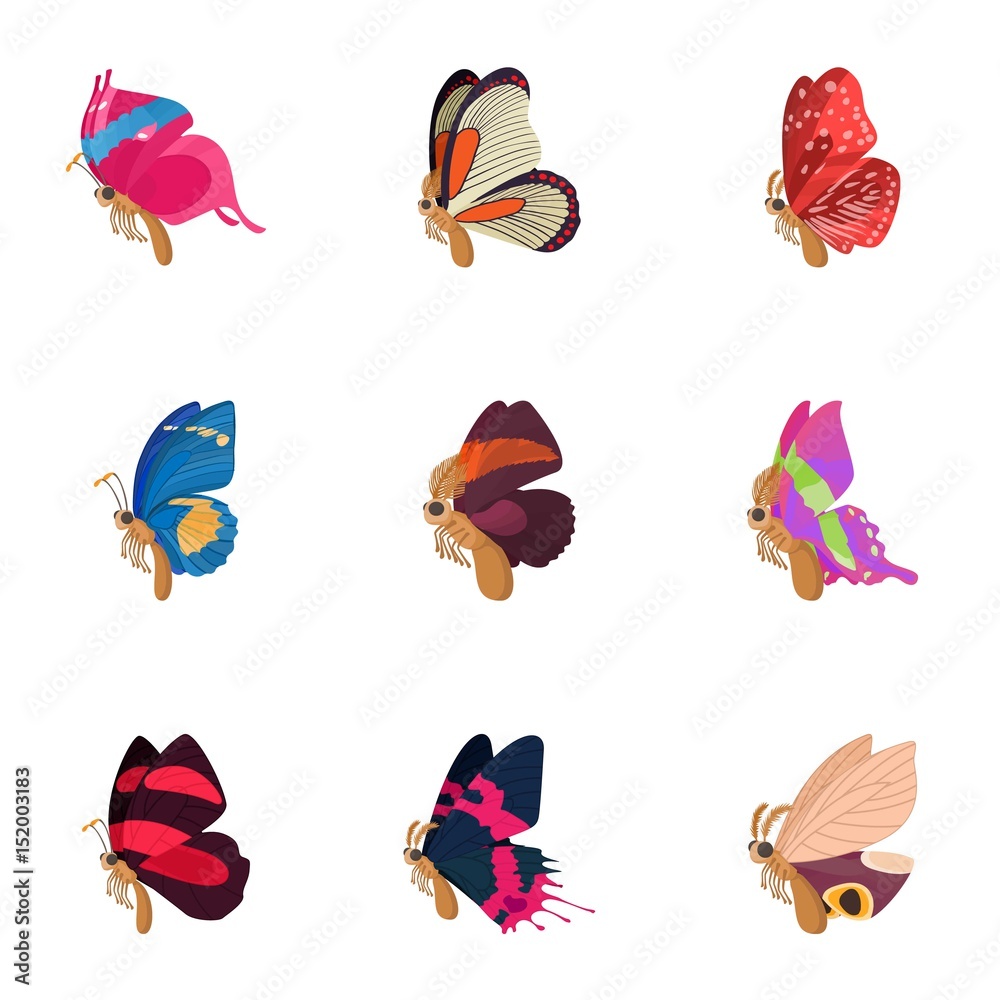 Insects butterflies icons set, cartoon style
