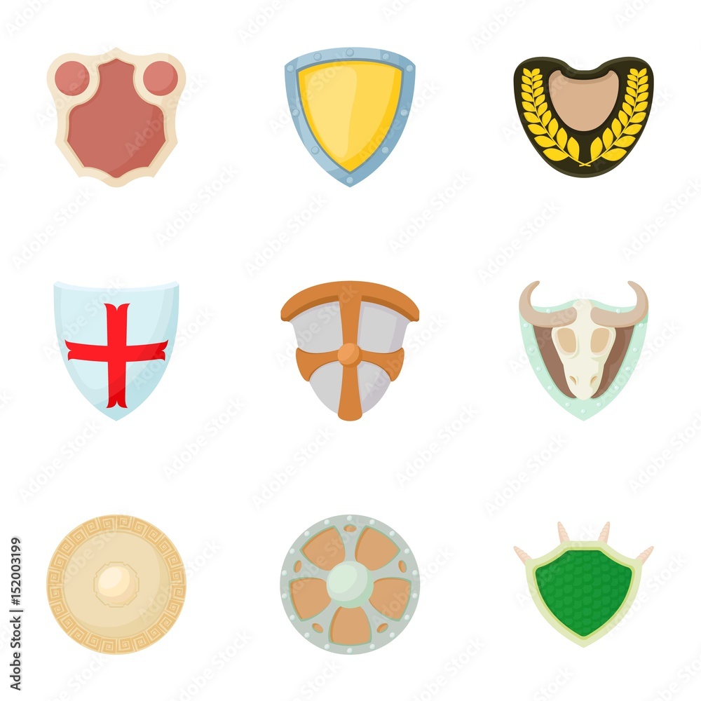 Military shieldd icons set, cartoon style Military shieldd icons set, cartoon style