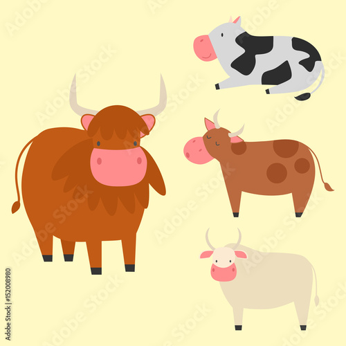 Bulls cows farm animal character vector illustration cattle mammal nature wild beef agriculture. © partyvector