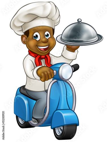 Cartoon Black Chef on Moped Scooter