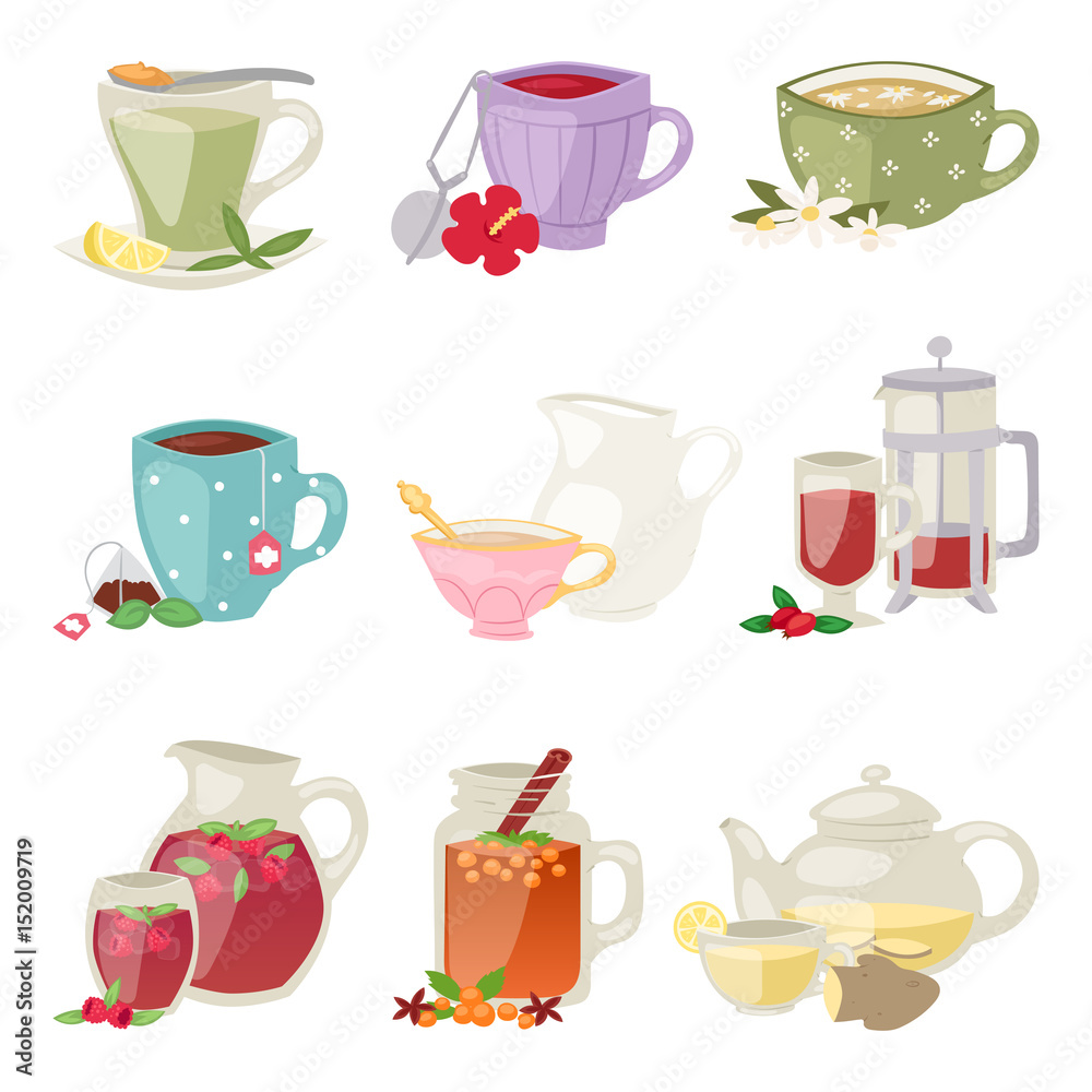 Different tea soft brand drinks glasses and teapot in glass jars healthy eating vector illustration.
