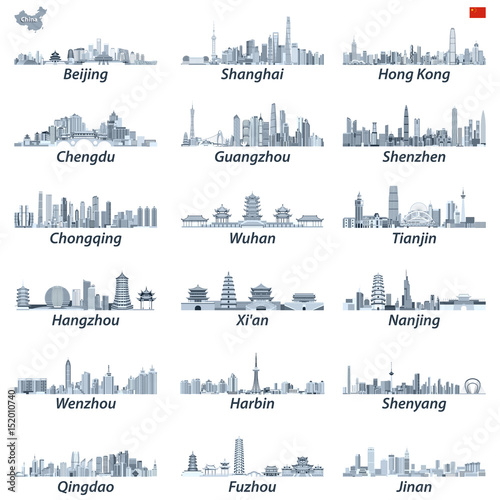 China largest cities skylines vector illustrations in tints of blue color palette