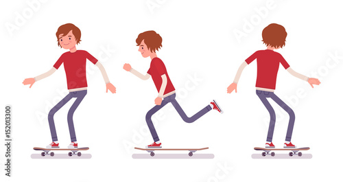 Skateboarder boy, riding in motion