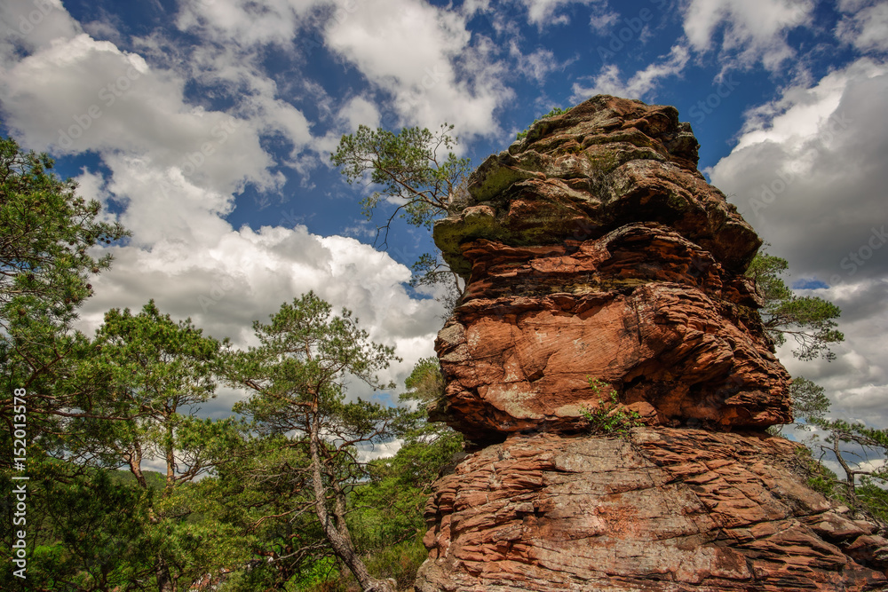 The red sandstone formation Jungfernsprung at the Palatinate Forest near Dahn in Germany.