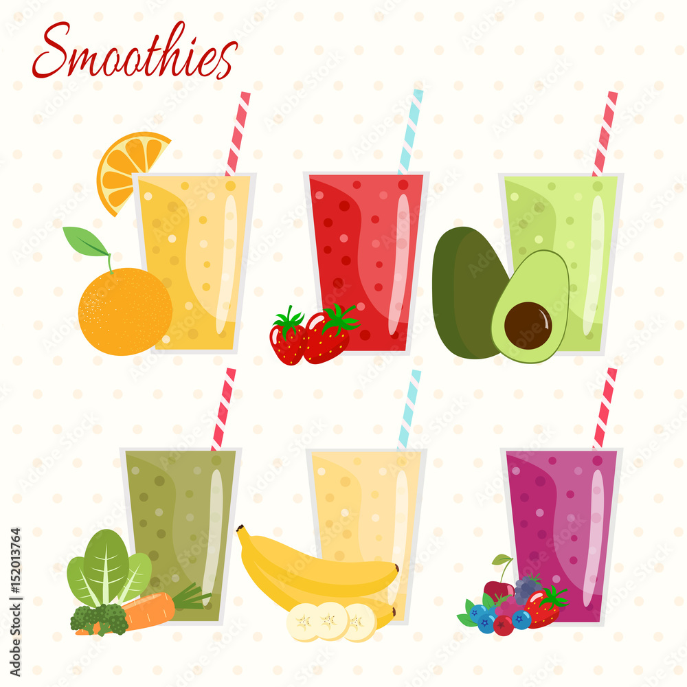 Cartoon smoothies. Orange, strawberry, berry, banana and avocado smoothie. Organic fruit shake smoothie. Flat design. Vector illustration. Cartoon smoothies. Orange, strawberry, berry, banana and avocado smoothie. Organic fruit shake smoothie. Flat design. Vector illustration.