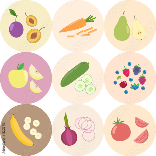 Set of fresh healthy vegetables and fruits. Slices of fruits and vegetables. Flat design. Organic farm illustration. Healthy lifestyle vector design elements.