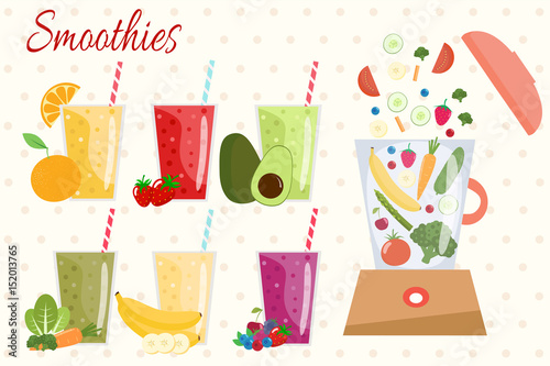 Cartoon smoothies. Orange, strawberry, berry, banana and avocado smoothie. Organic fruit shake smoothie. Food processor, mixer, blender with fruits, vegetables and berries.