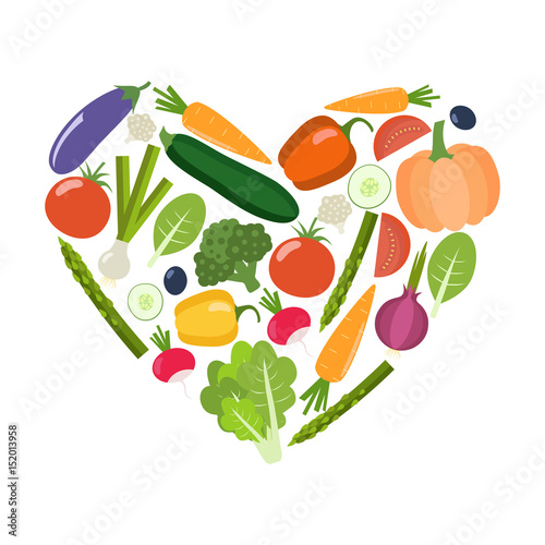 Veg heart. Organic farm illustration. Healthy lifestyle vector design elements. Healthy colorful vegetables. Flat design.