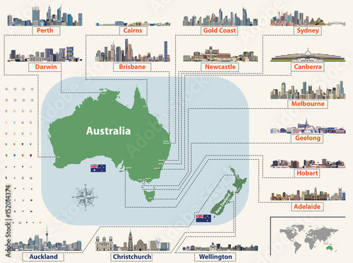 Australia and New Zealand vector map and flags with largest cities skylines