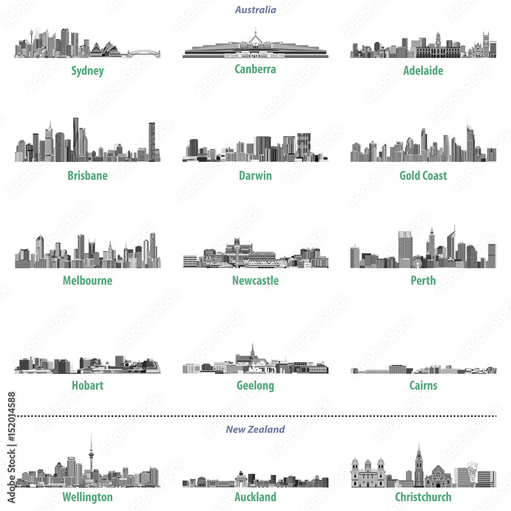 Australian and New Zealand cities skylines vector illustrations in grey scales color palette