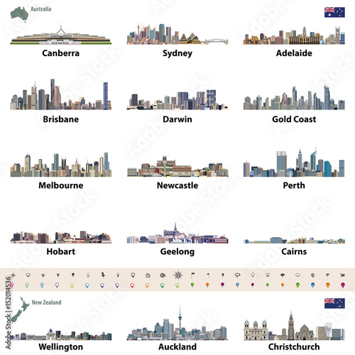 Australian and New Zealand cities skylines vector illustrations