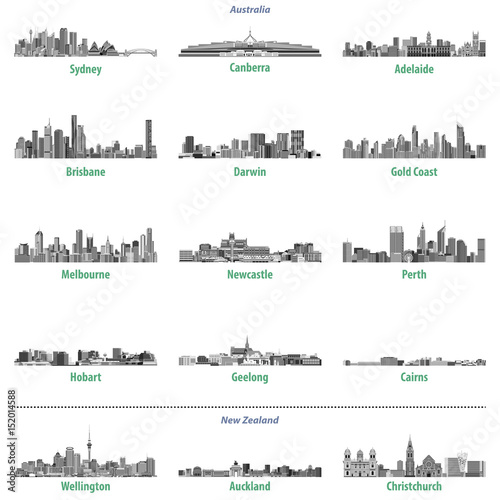 Australian and New Zealand cities skylines vector illustrations in grey scales color palette