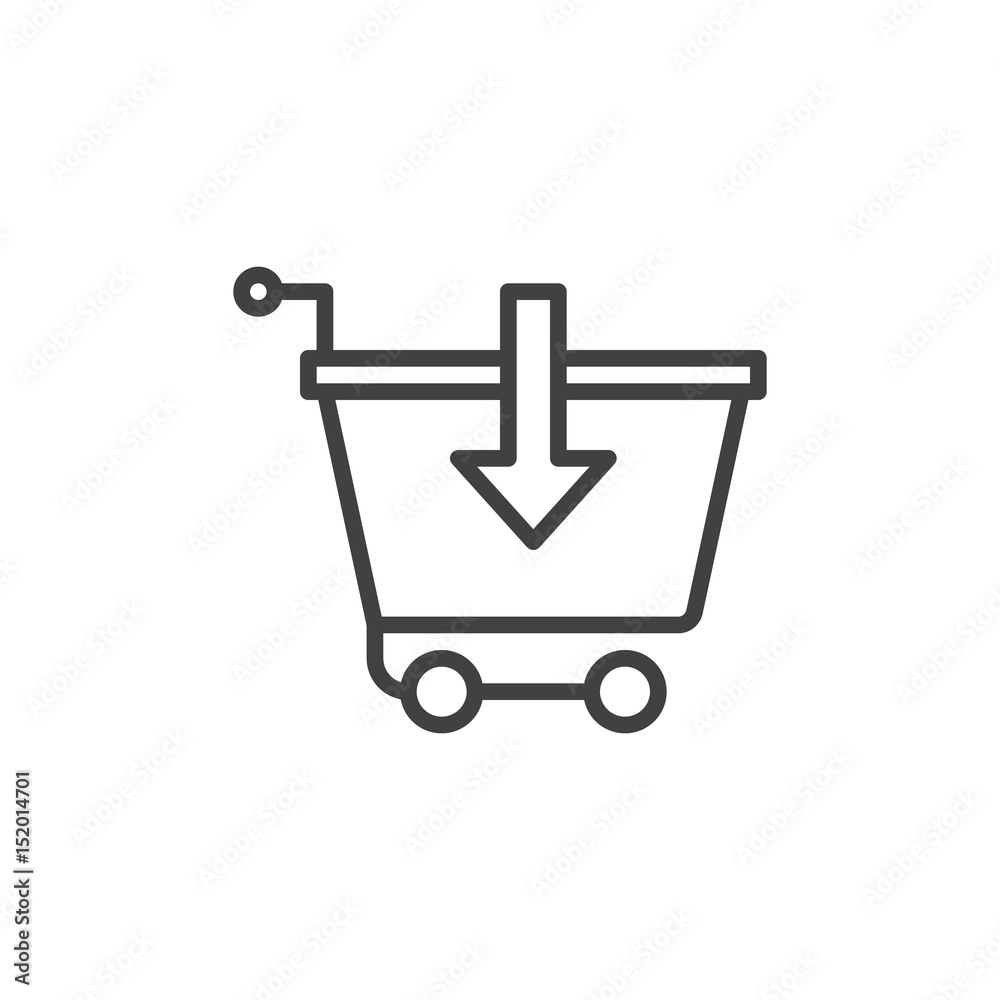 Shopping cart with down arrow line icon, outline vector sign, linear style pictogram isolated on white. Buy symbol, logo illustration. Editable stroke. Pixel perfect Shopping cart with down arrow line icon, outline vector sign, linear style pictogram isolated on white. Buy symbol, logo illustration. Editable stroke. Pixel perfect