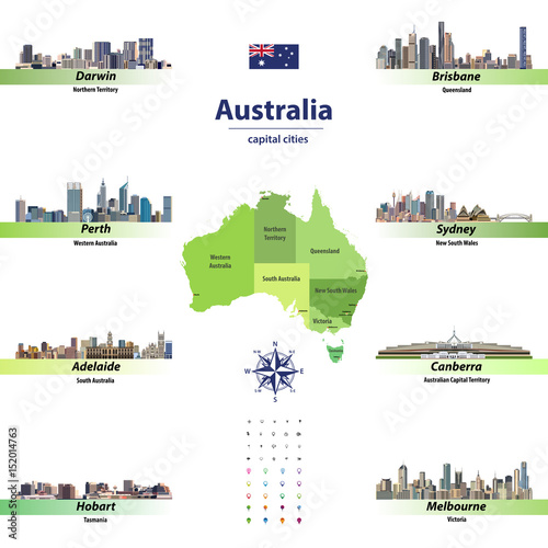Australia states map with capital cities skylines vector illustration #152014763