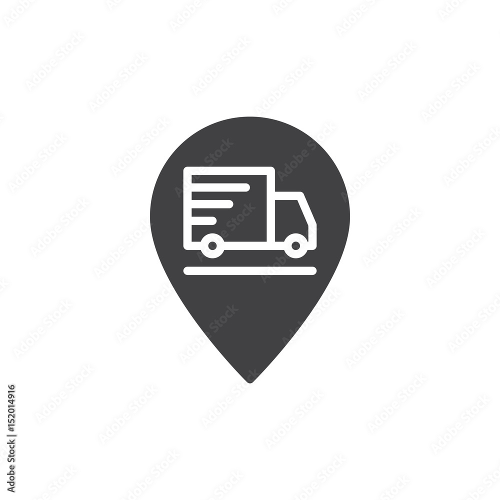 Shipping truck on map pointer icon vector, filled flat sign, solid pictogram isolated on white. Order on the way symbol, logo illustration. Pixel perfect Shipping truck on map pointer icon vector, filled flat sign, solid pictogram isolated on white. Order on the way symbol, logo illustration. Pixel perfect