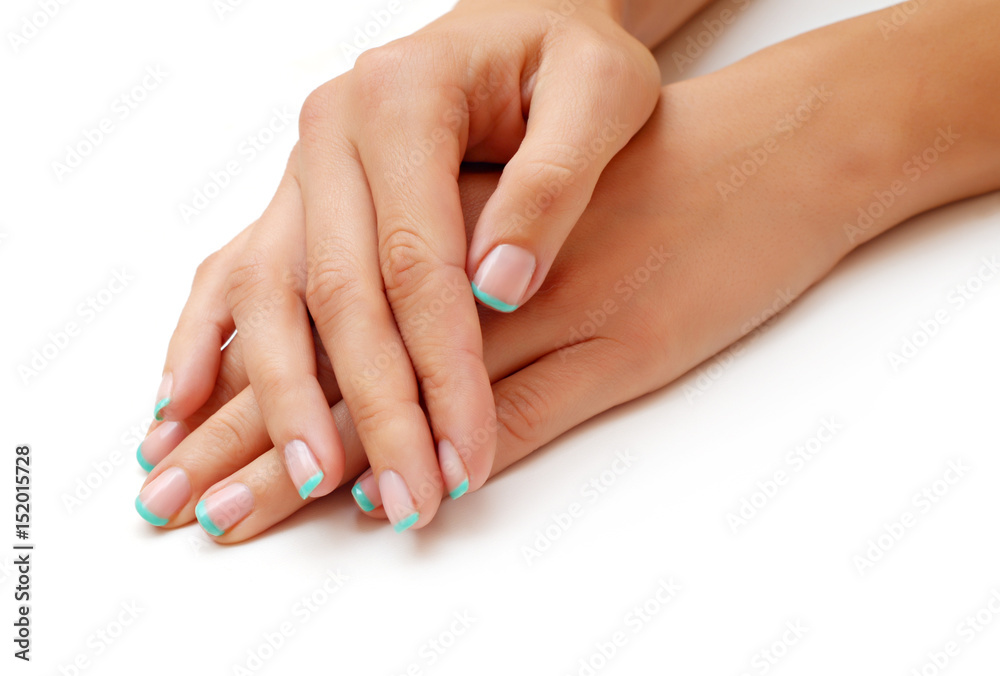 Female hands on white background Female hands on white background