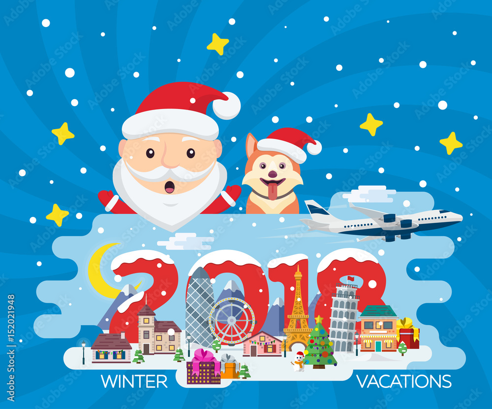 Merry Christmas banner in flat style. Traveling in time of vacation by plane. Year of the dog. The winter holiday. Flat Santa Claus. Happy New Year 2018. Europe winter town vector illustration Merry Christmas banner in flat style. Traveling in time of vacation by plane. Year of the dog. The winter holiday. Flat Santa Claus. Happy New Year 2018. Europe winter town vector illustration