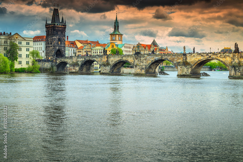 Famous medieval stone Charles bridge, Prague, Czech Republik, Europe